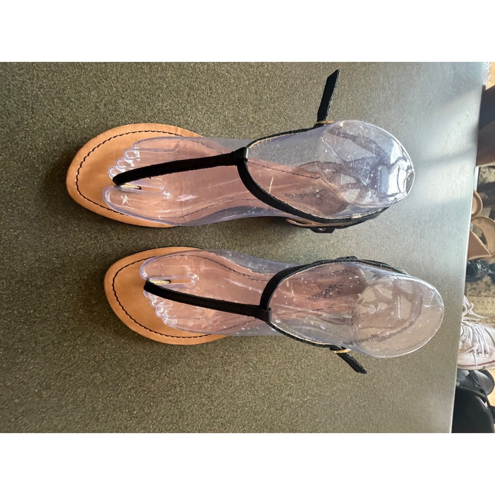 Seychelles Womens Black Leather T-Strap Thong Sandals Caged Heel Size 7